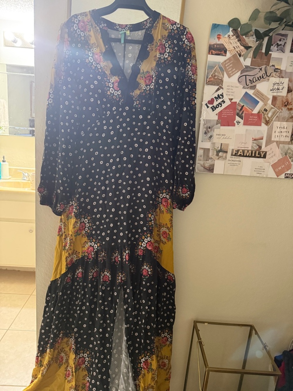 Farm Rio Floral-Blocked Maxi Dress in Black and Mustard - Picture 3 of 3